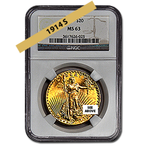 Picture of 1914S $20 Gold Saint Gaudens Double Eagle Coin MS63