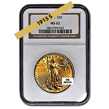 Picture of 1915S $20 Gold Saint Gaudens Double Eagle Coin MS62*