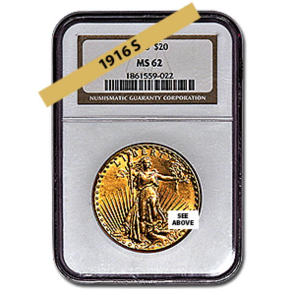 Picture of 1916S $20 Gold Saint Gaudens Double Eagle Coin MS62